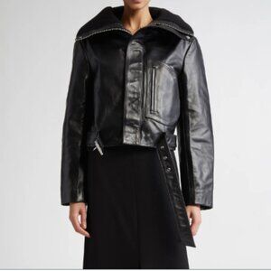 Victoria Beckham Crop Belted Leather Biker Jacket